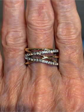 Gold Tone Criss Cross Rhinestone Statement Ring Size 6  - 8